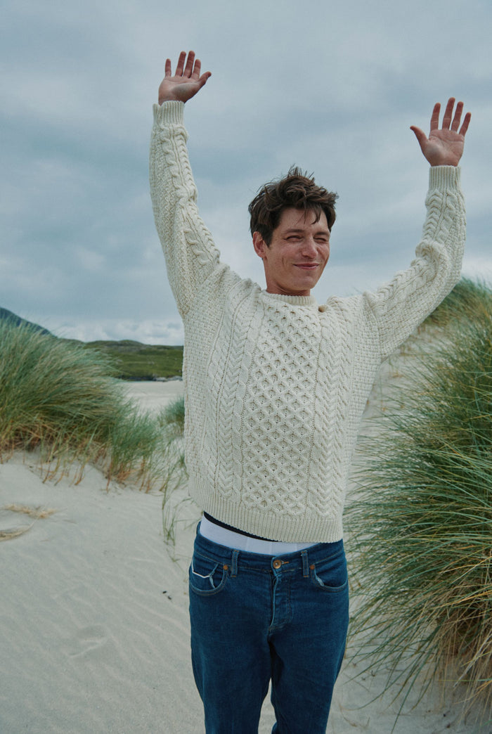 Sweater, merino wool, jumper, made in Ireland, Crew neck, cable knit, knitwear.wool jumper,aran, unisex, men's sweater,cream
