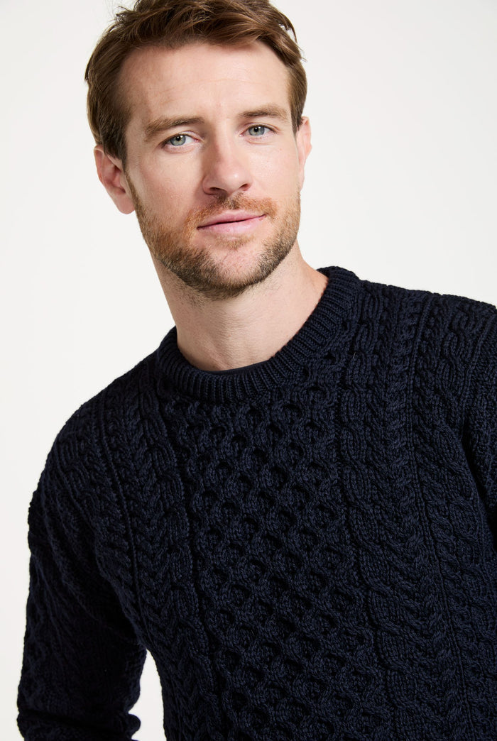 Made in Ireland, knitwear, men's sweater, Aran sweater, merino wool, cable knit, unisex, fisherman, navy jumper