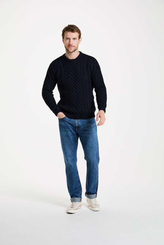 men's sweater, merino wool, made in Ireland, knitwear, men's jumper, crew neck,aran, Ireland, navy