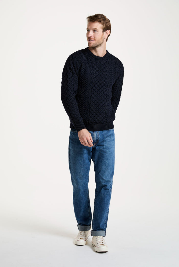 men's sweater, merino wool, made in Ireland, knitwear, men's jumper, crew neck,aran, Ireland, navy