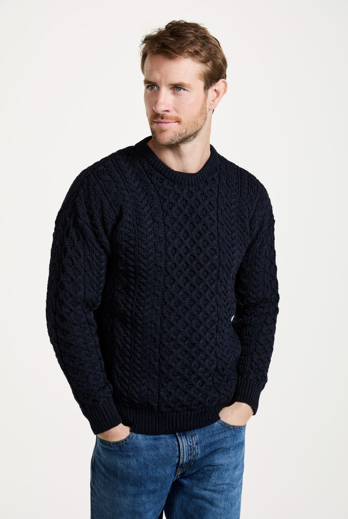 men's sweater, merino wool, made in Ireland, knitwear, men's jumper, crew neck,aran, Ireland, navy
