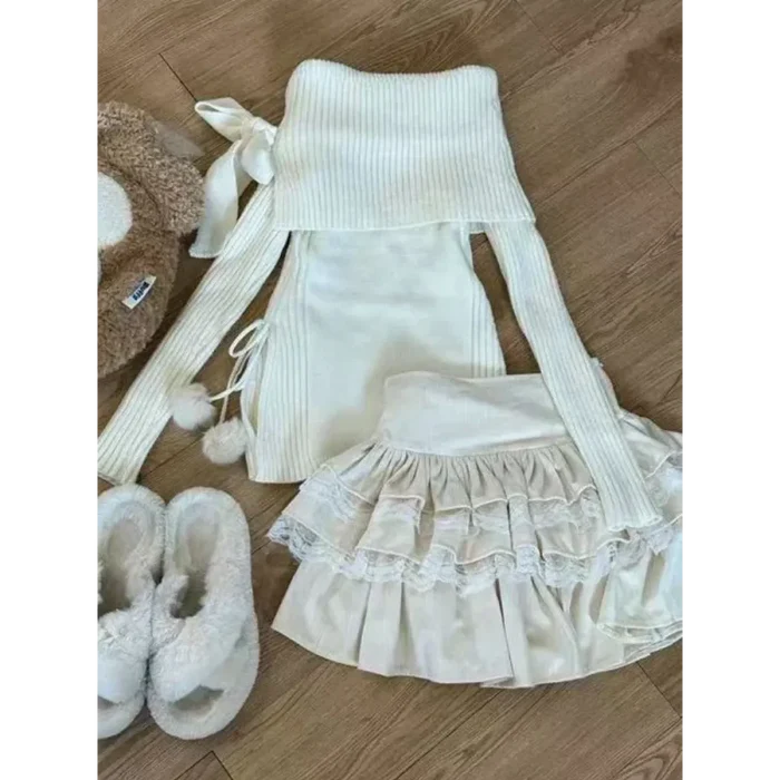 Kawaii Off-Shoulder Knit Lace Set