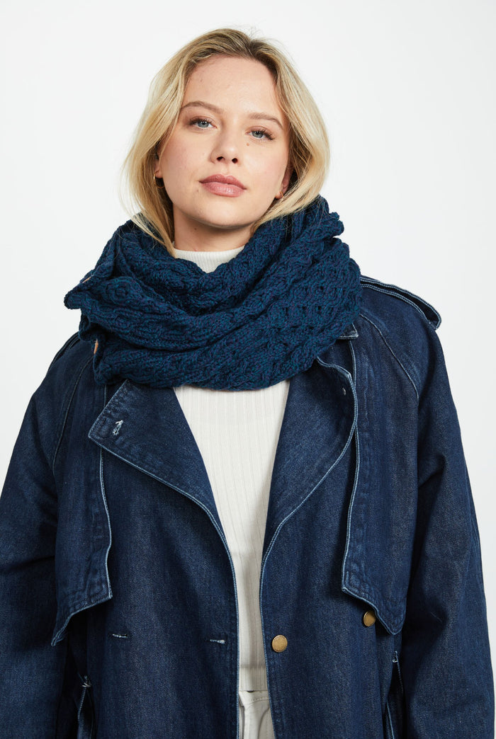 Wool, merino wool, aran snood, knitwear, Hat & Scarf, gift, made in Ireland, scarf, wool scarves, blue