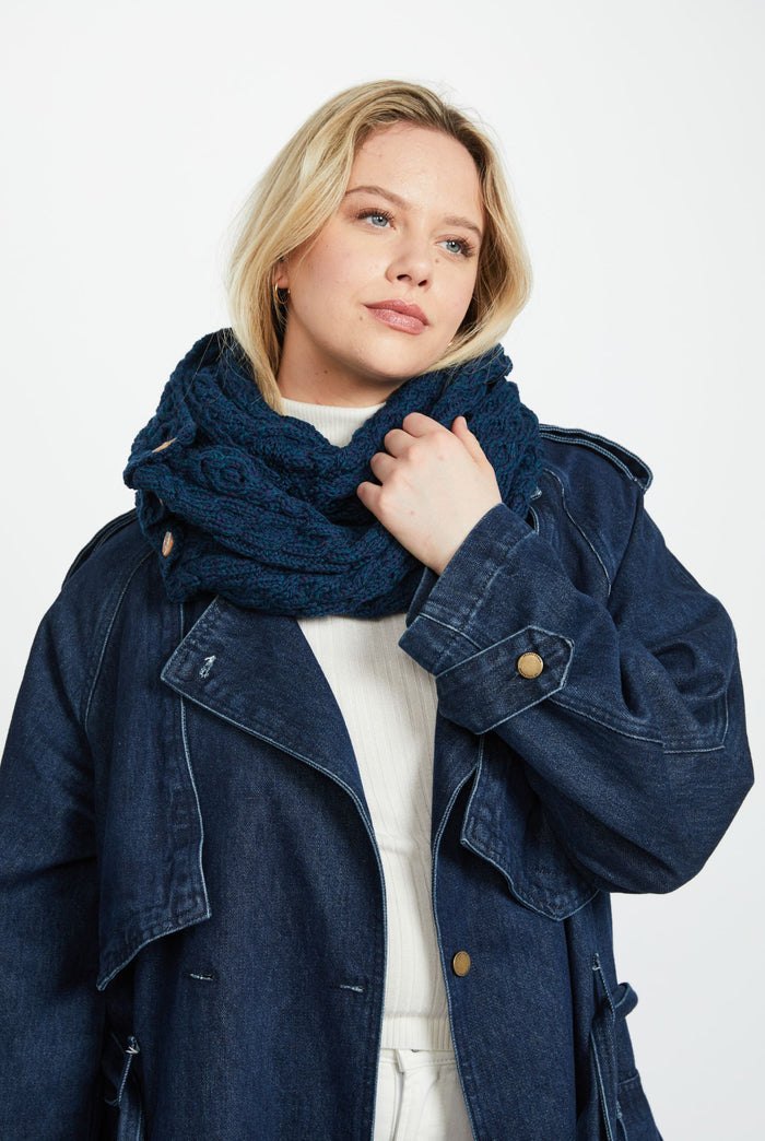 Wool, merino wool, aran snood, knitwear, Hat & Scarf, gift, made in Ireland, scarf, wool scarves, blue
