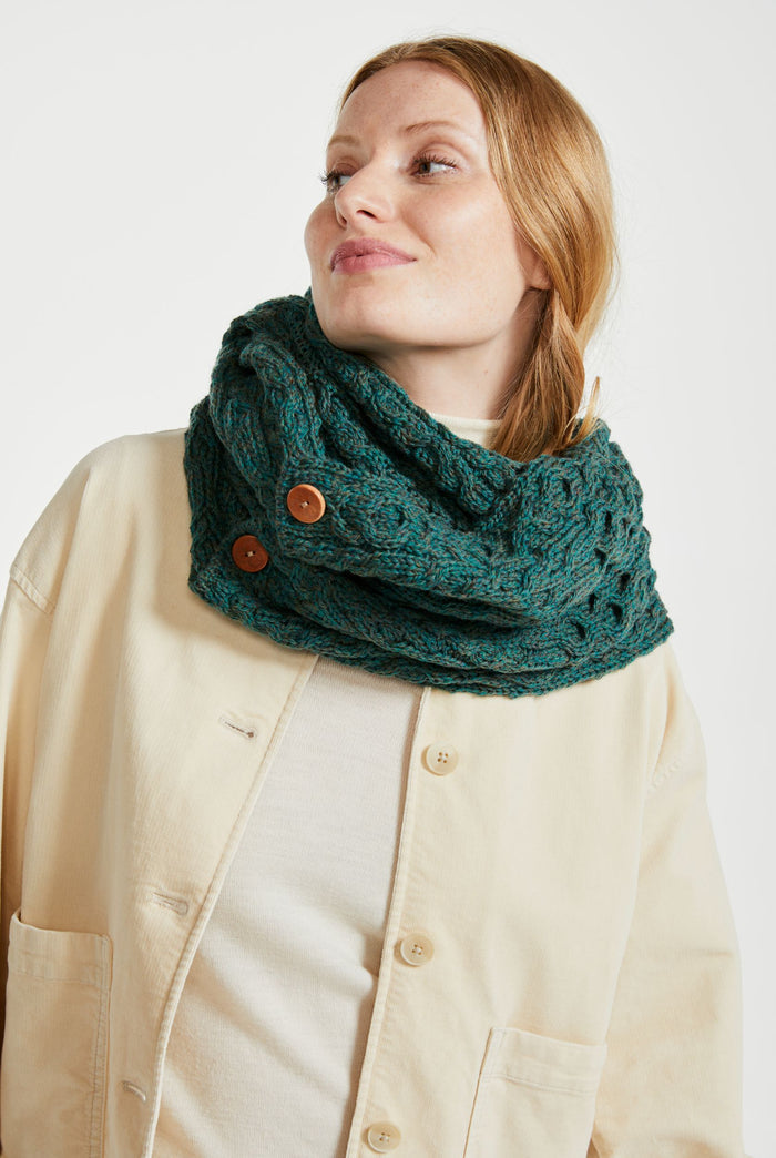 Wool, merino wool, aran snood, knitwear, Hat & Scarf, gift, made in Ireland, scarf, wool scarves, green
