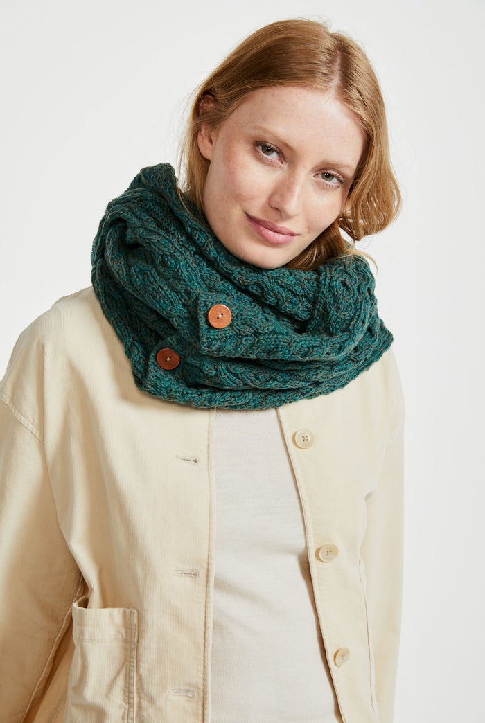 Wool, merino wool, aran snood, knitwear, Hat & Scarf, gift, made in Ireland, scarf, wool scarves, green