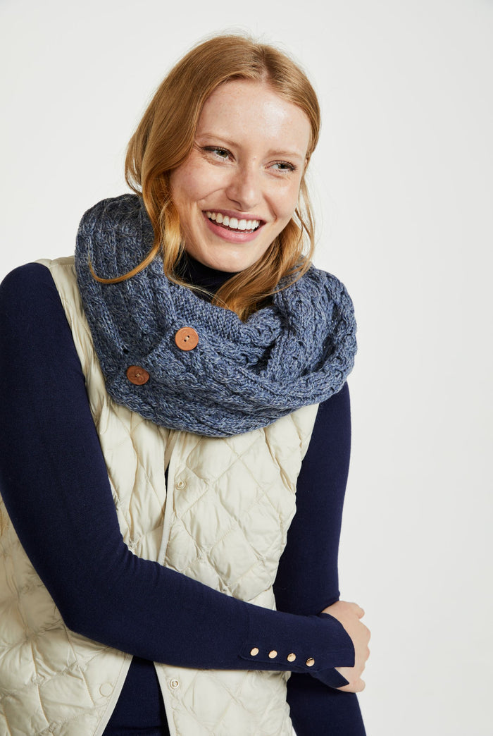 Wool, merino wool, aran snood, knitwear, Hat & Scarf, gift, made in Ireland, scarf, wool scarves, blue