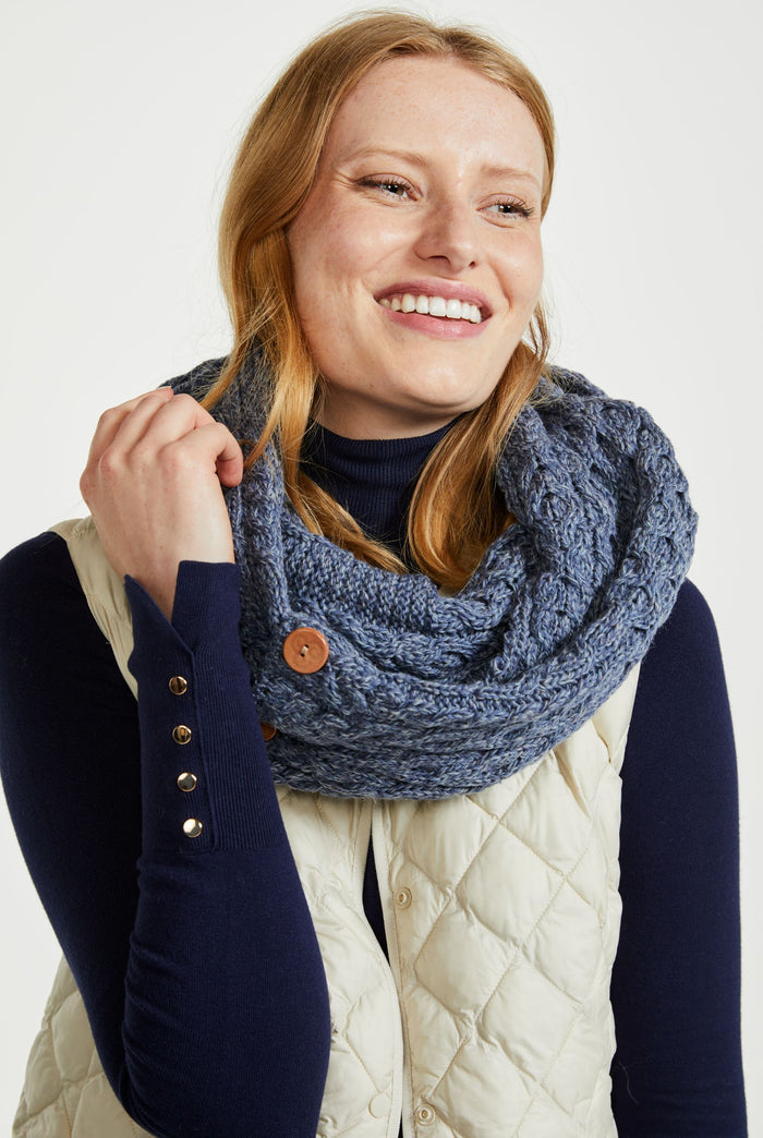 100% wool, merino wool, aran snood, blue snood, knitwear, Hat & Scarf, gift, made in Ireland, blue, scarf