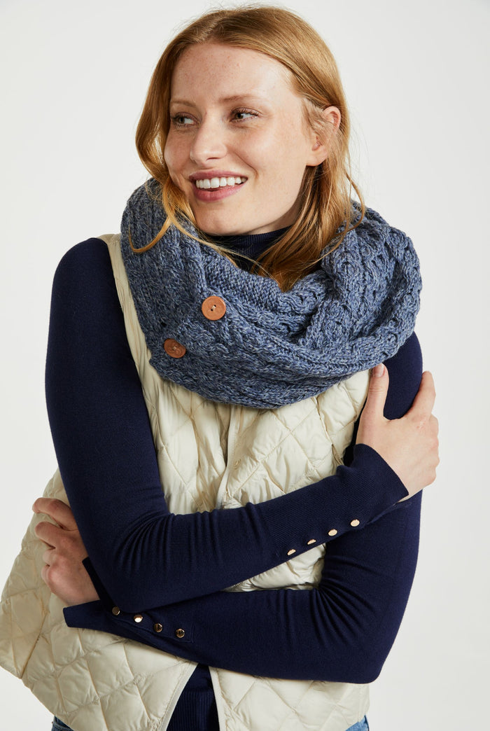 Wool, merino wool, aran snood, knitwear, Hat & Scarf, gift, made in Ireland, scarf, wool scarves, blue