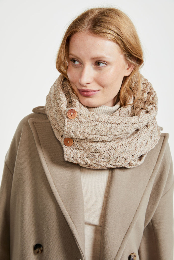 100% wool, merino wool, aran snood, oat, knitwear, Hat & Scarf, gift, made in Ireland, wool snood,wool scarf