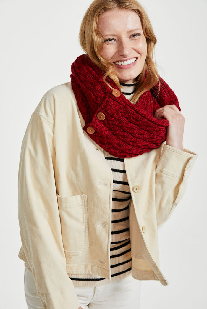 Wool, merino wool, aran snood, knitwear, Hat & Scarf, gift, made in Ireland, scarf, wool scarves, red