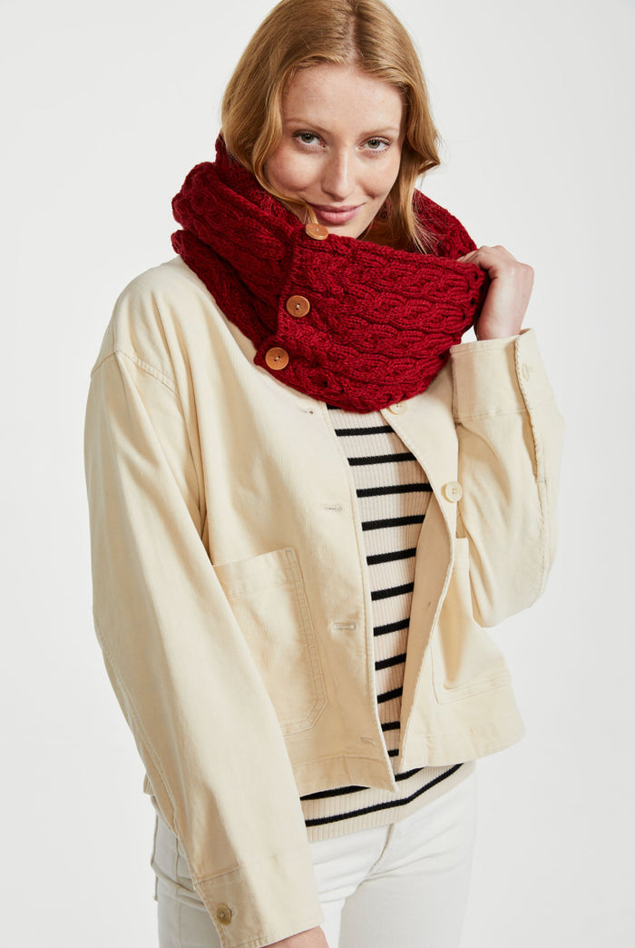 Wool, merino wool, aran snood, knitwear, Hat & Scarf, gift, made in Ireland, scarf, wool scarves, red