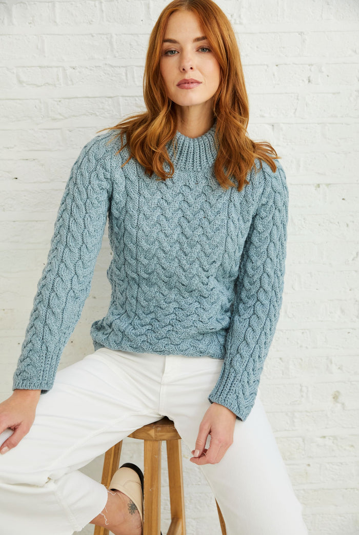 Merino wool, sweater, blue jumper, cable knit, made in Ireland, ladies sweater, knitwear, Aran wool, crew neck sweater