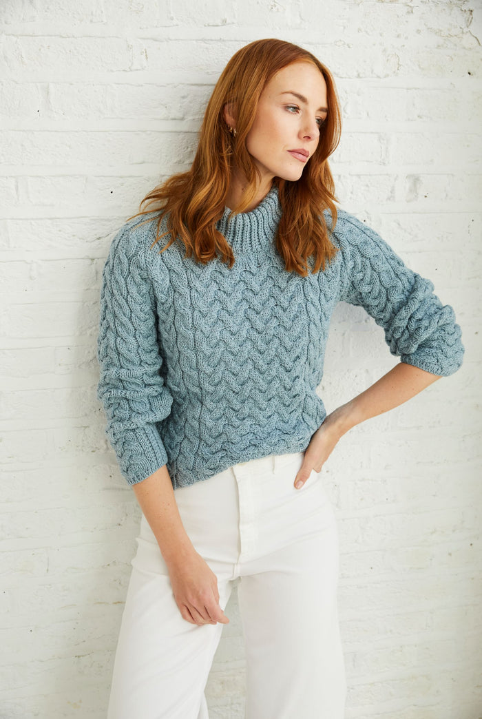Merino wool, sweater, blue jumper, cable knit, made in Ireland, ladies sweater, knitwear, Aran wool, crew neck sweater