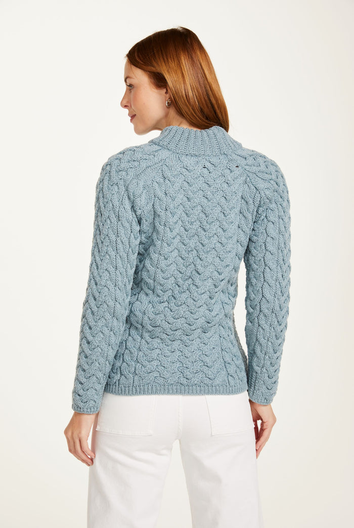 Merino wool, sweater, blue jumper, cable knit, made in Ireland, ladies sweater, knitwear, Aran wool, crew neck sweater
