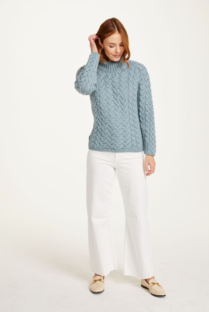 Merino wool, sweater, blue jumper, cable knit, made in Ireland, ladies sweater, knitwear, Aran wool, crew neck sweater