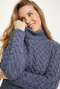 Merino wool, sweater, denim jumper, cable knit, made in Ireland, ladies sweater, knitwear, Aran wool, crew neck sweater