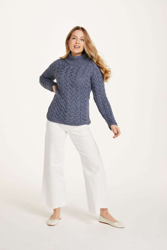 Merino wool ,sweater, denim jumper, cable knit, made in Ireland, ladies sweater, knitwear, Aran wool, crew neck sweater
