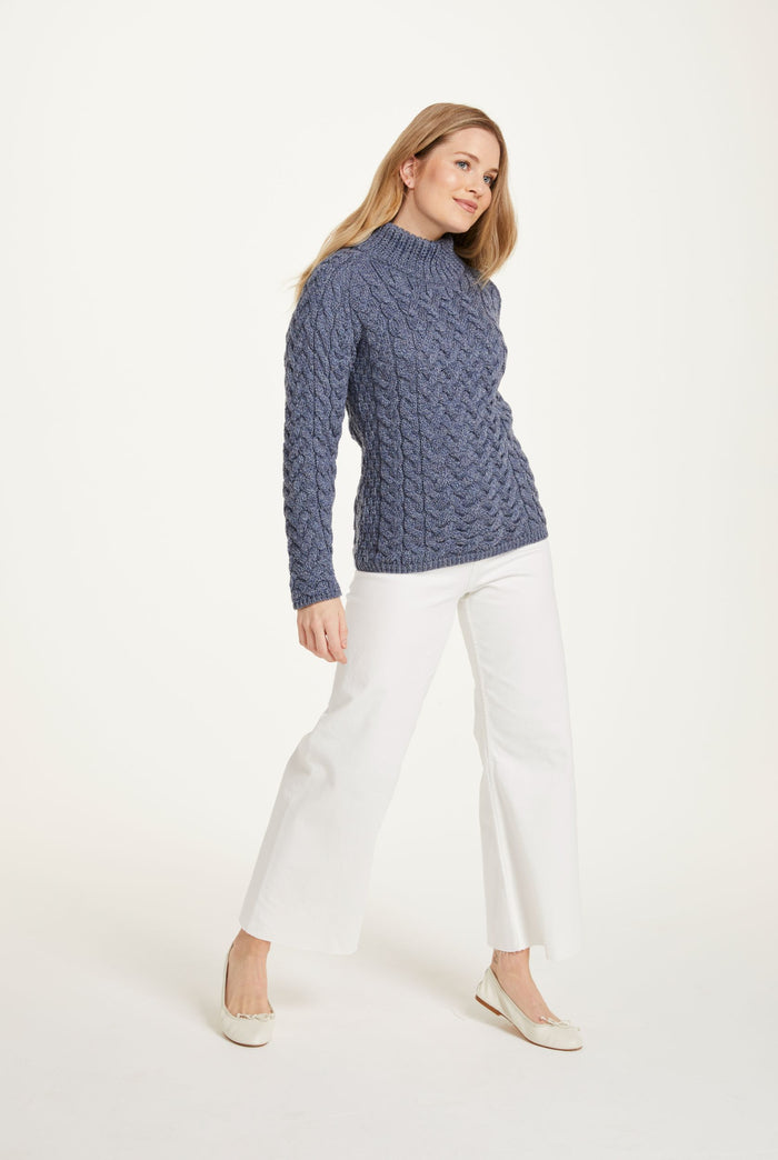 Merino wool, sweater, denim jumper, cable knit, made in Ireland, ladies sweater, knitwear, Aran wool, crew neck sweater
