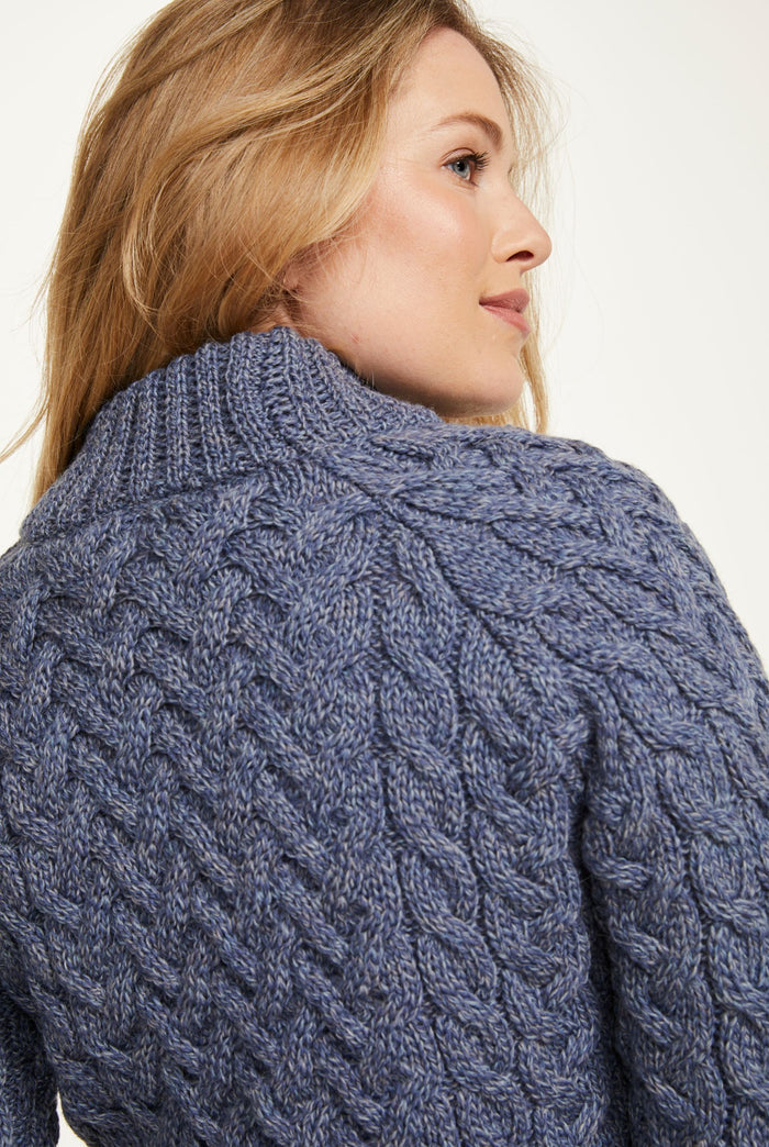Merino wool, sweater, denim jumper, cable knit, made in Ireland, ladies sweater, knitwear, Aran wool, crew neck sweater