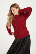 Merino wool, sweater, red jumper, cable knit, made in Ireland, ladies sweater, knitwear, Aran wool, crew neck sweater