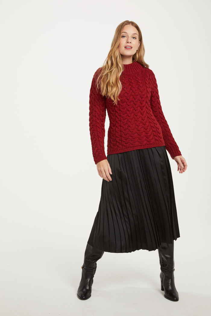 Merino wool, sweater, red jumper, cable knit, made in Ireland, ladies sweater, knitwear, Aran wool, crew neck sweater