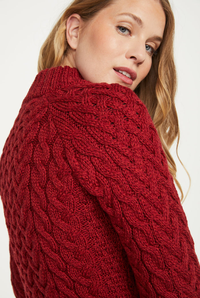 Merino wool, sweater, red jumper, cable knit, made in Ireland, ladies sweater, knitwear, Aran wool, crew neck sweater