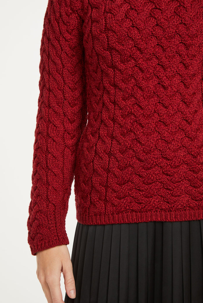 Merino wool, sweater, red jumper, cable knit, made in Ireland, ladies sweater, knitwear, Aran wool, crew neck sweater