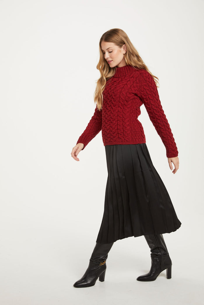 Merino wool, sweater, red jumper, cable knit, made in Ireland, ladies sweater, knitwear, Aran wool, crew neck sweater