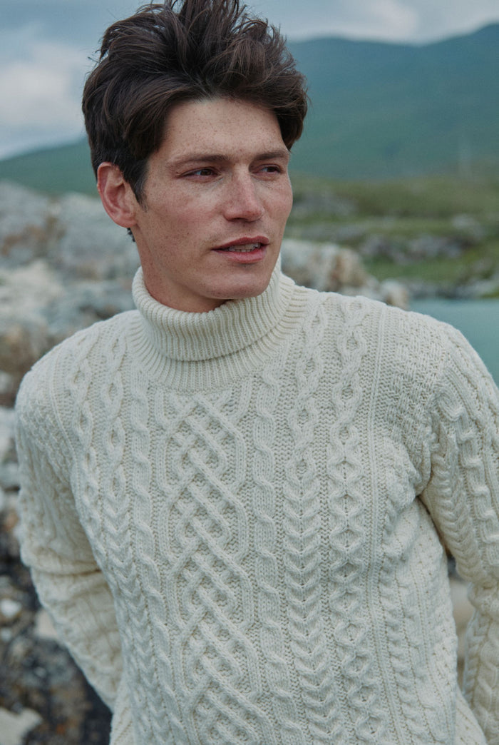 Merino wool, sweater, Ireland, Aran wool, jumper, Pullover, men's sweater, made in Ireland, knitwear, cable knit, polo neck sweater