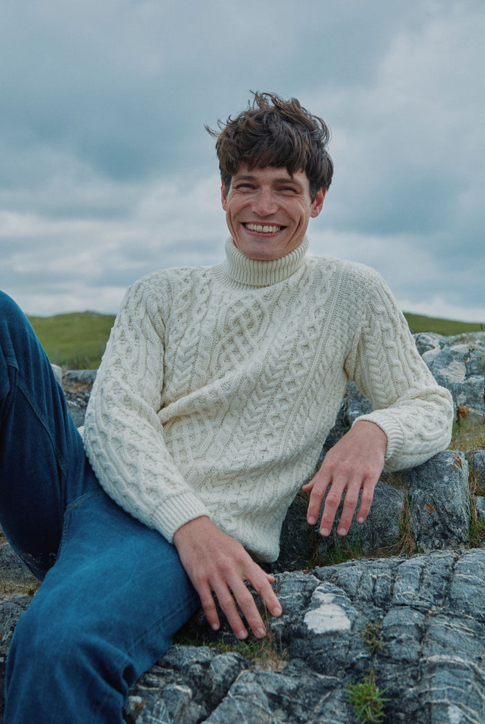 Merino wool, sweater, Ireland, Aran wool, jumper, Pullover, men's sweater, made in Ireland, knitwear, cable knit, polo neck,cream