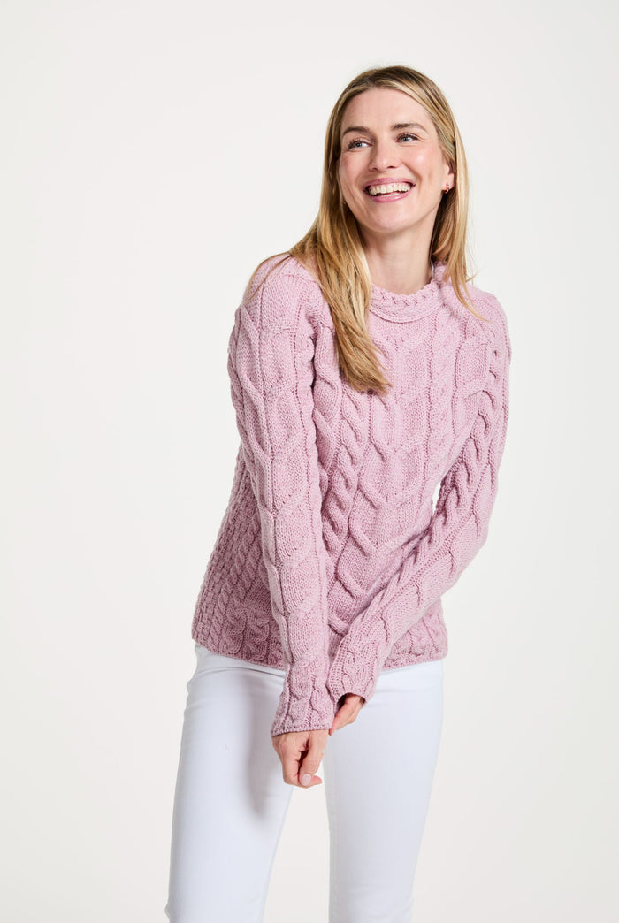 Merino wool sweater, Ireland, Aran knit, jumper, Pullover, women's sweater, made in Ireland, knitwear, cable knit, pink