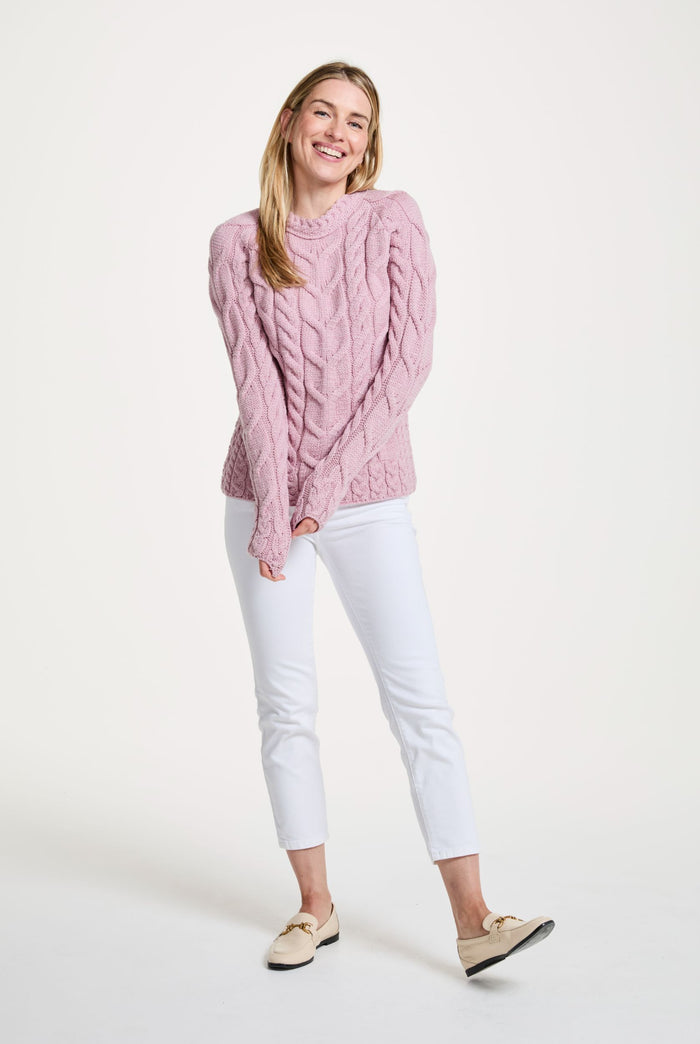 Merino wool sweater, Ireland, Aran knit, jumper, Pullover, women's sweater, made in Ireland, knitwear, cable knit, pink