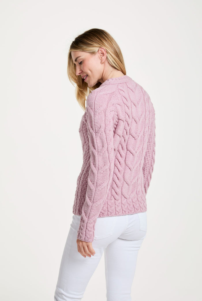 Merino wool sweater, Ireland, Aran knit, jumper, Pullover, women's sweater, made in Ireland, knitwear, cable knit, pink