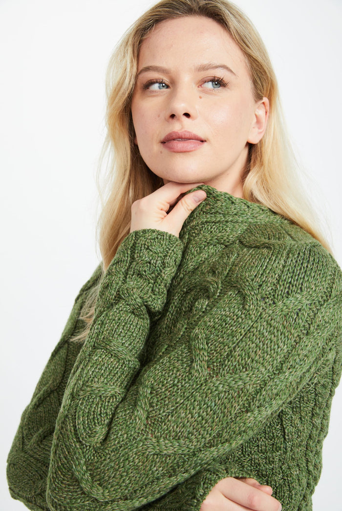 Merino wool, sweater, Ireland, Aran knit, jumper, Pullover, women's sweater, made in Ireland, knitwear, cable knit,green