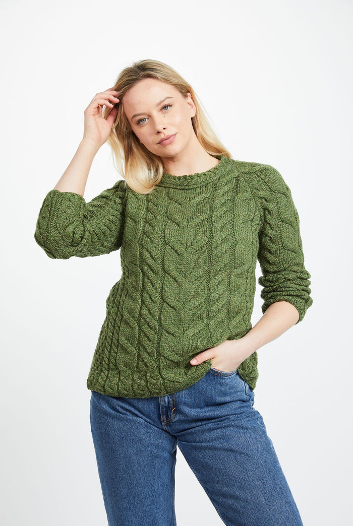 Merino wool, sweater, Ireland, Aran knit, jumper, Pullover, women's sweater, made in Ireland, knitwear, cable knit,green