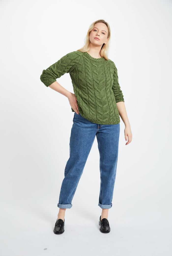 Merino wool, sweater, Ireland, Aran knit, jumper, Pullover, women's sweater, made in Ireland, knitwear, cable knit,green