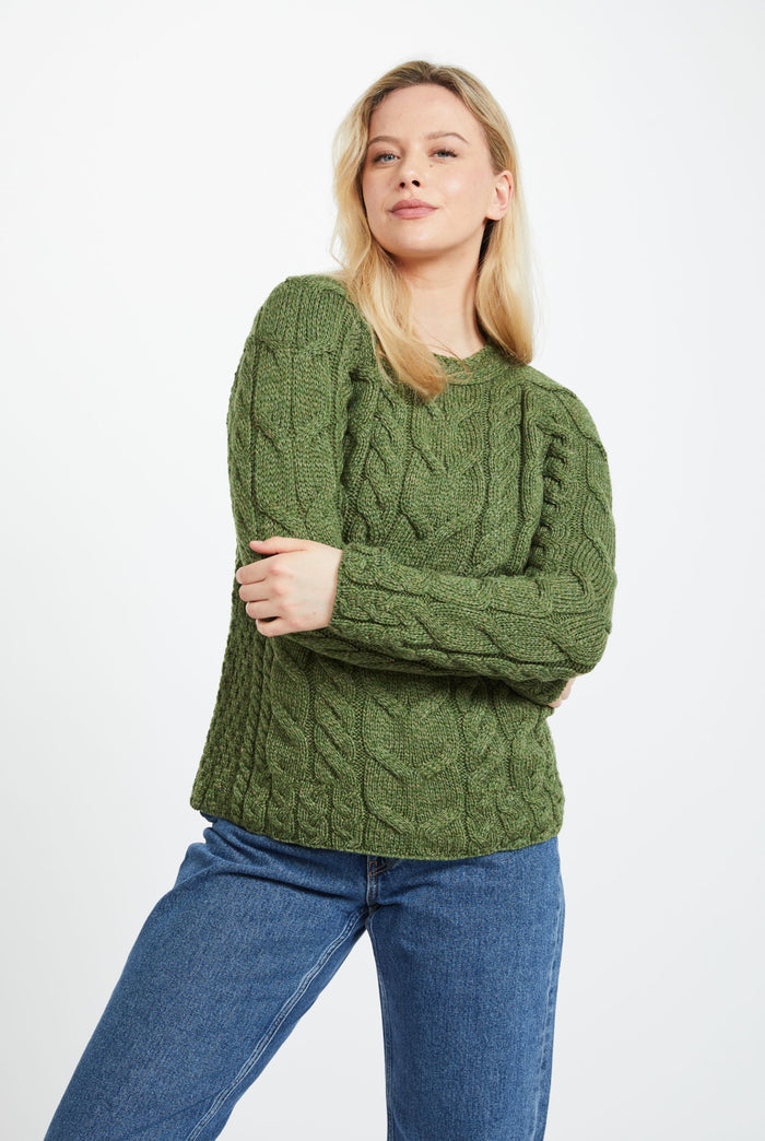 Merino wool, sweater, Ireland, Aran knit, jumper, Pullover, women's sweater, made in Ireland, knitwear, cable knit,green