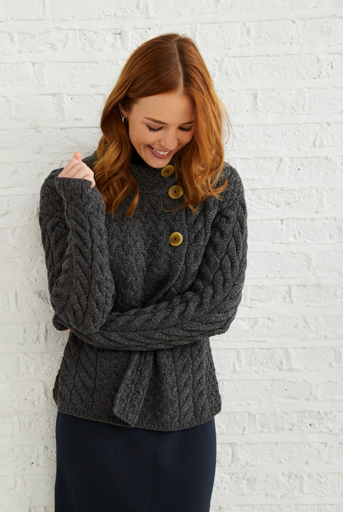 Merino wool sweater,  Aran sweater, women's cardigan, knitwear, jumper, Ireland, grey cardigan made in Ireland, wool jumper, cable knit