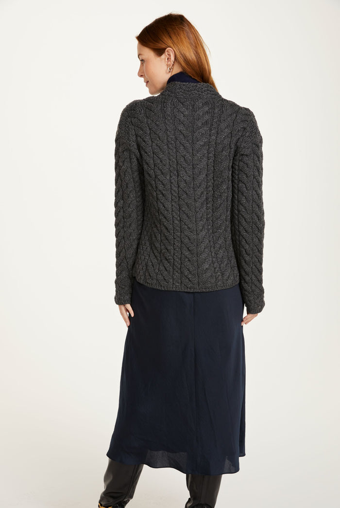 Merino wool sweater,  Aran sweater, women's sweater, knitwear, jumper, Ireland, grey cardigan made in Ireland, wool jumper, cable knit