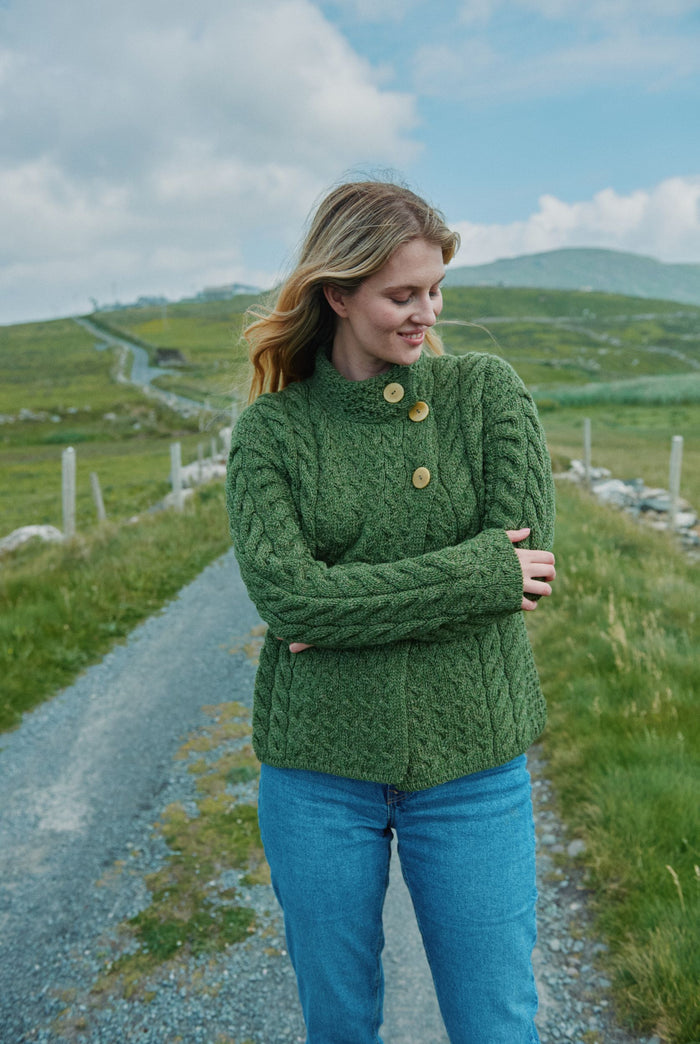 Merino wool sweater,  Aran sweater, women's cardigan, knitwear, jumper, Ireland, green cardigan, made in Ireland, wool jumper, cable knit