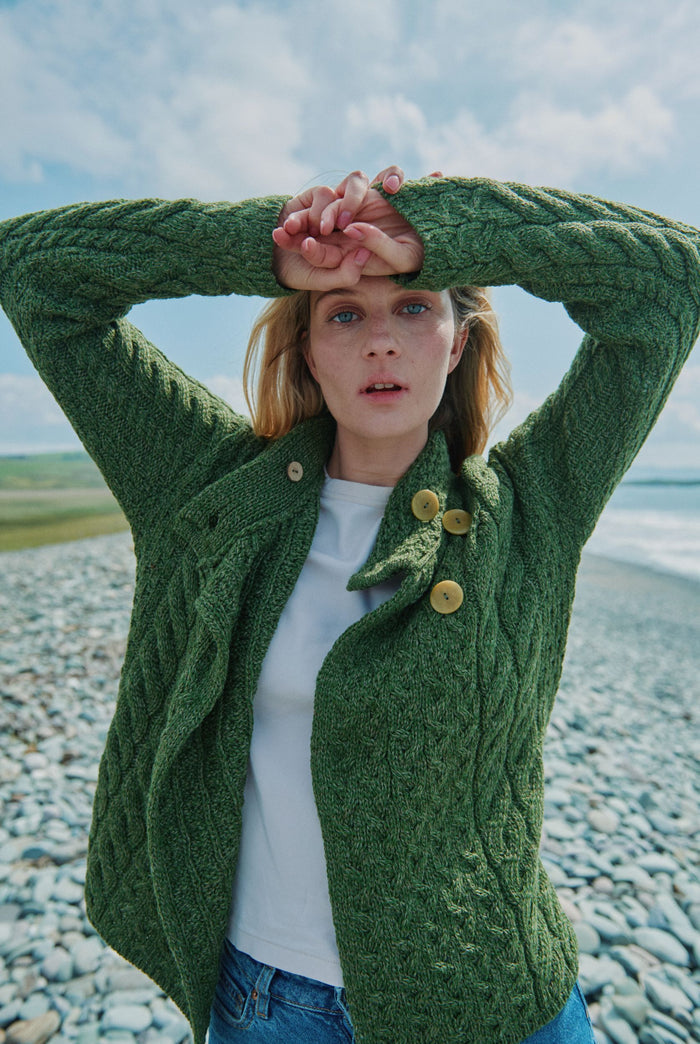 Merino wool cardigan, sweater,  Aran sweater, women's sweater, knitwear, jumper, Ireland, green, made in Ireland, wool jumper