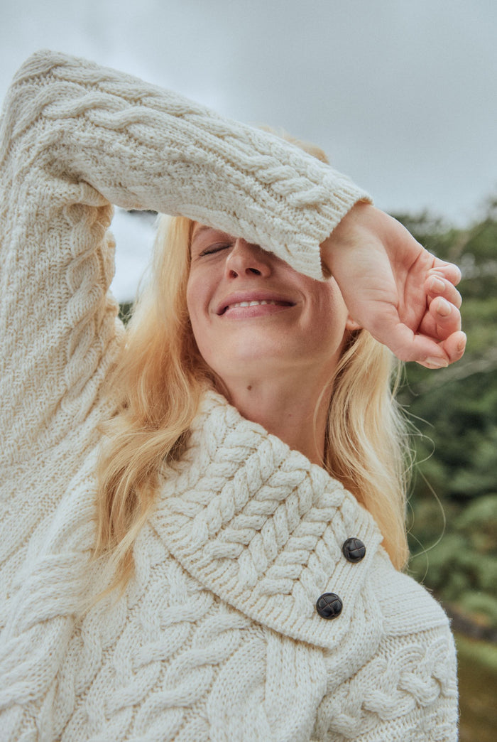 Merino wool, sweater, aran sweater, knitwear ,made in Ireland, ladies  jumper, wool jumper, cable knit ,Pullover,cream