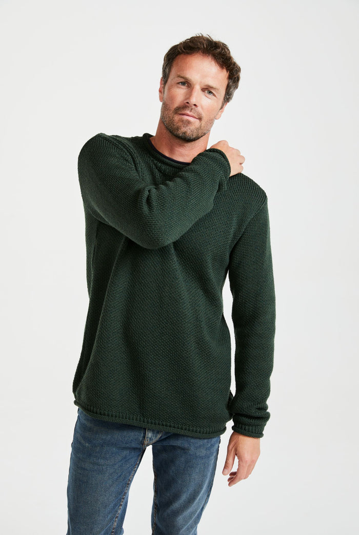 Merino wool sweater, made in Ireland, knitwear, aran sweater, jumper, pullover, roll neck sweater, men's jumper, green
