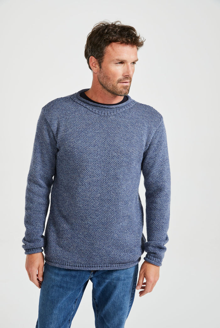 Merino wool sweater, made in Ireland, knitwear, aran sweater, jumper, pullover, roll neck sweater, men's jumper, denim