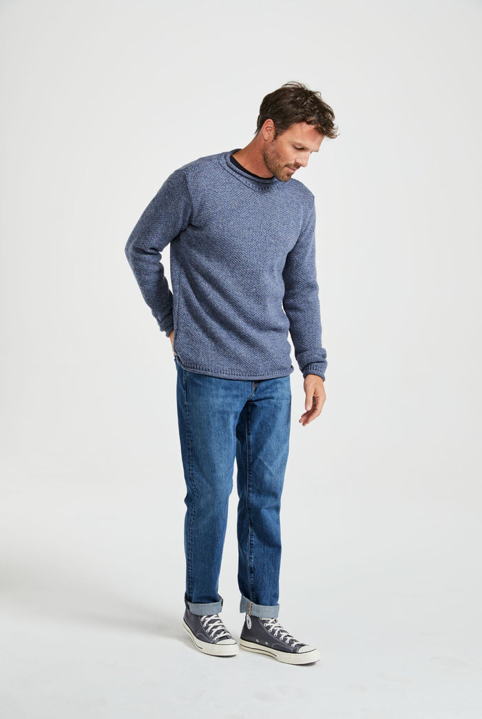 Merino wool sweater, made in Ireland, knitwear, aran sweater, jumper, pullover, roll neck sweater, men's jumper, denim
