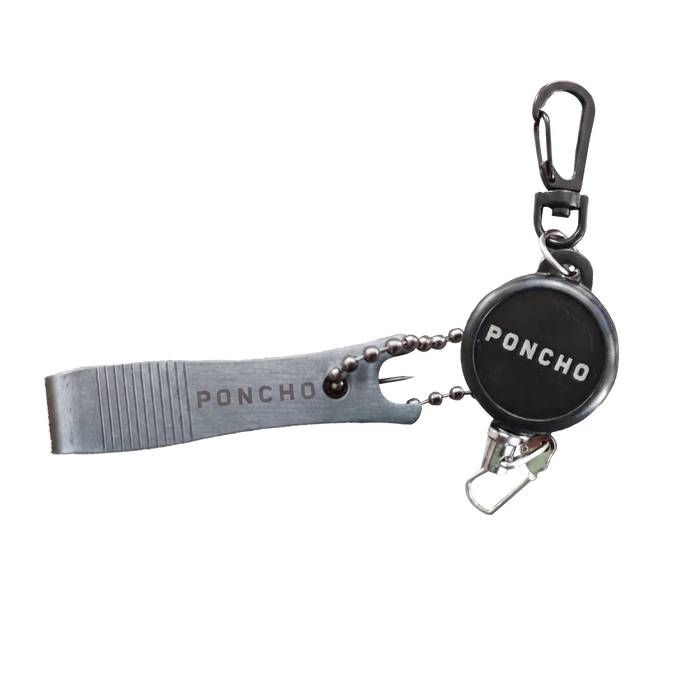 Nippers & Retractor featuring silver line nippers and a black retractable clip tool labeled Poncho