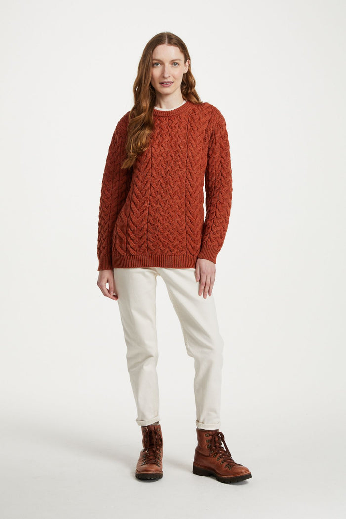 Omey Ladies Aran Crew Neck Sweater - Copper