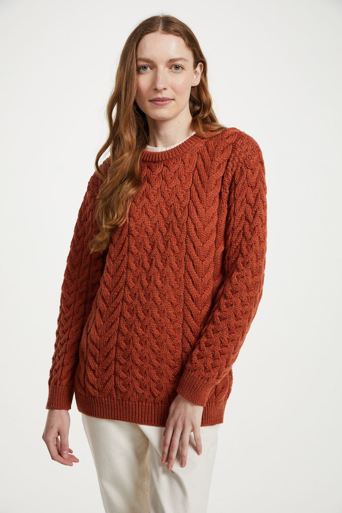 Omey Ladies Aran Crew Neck Sweater - Copper