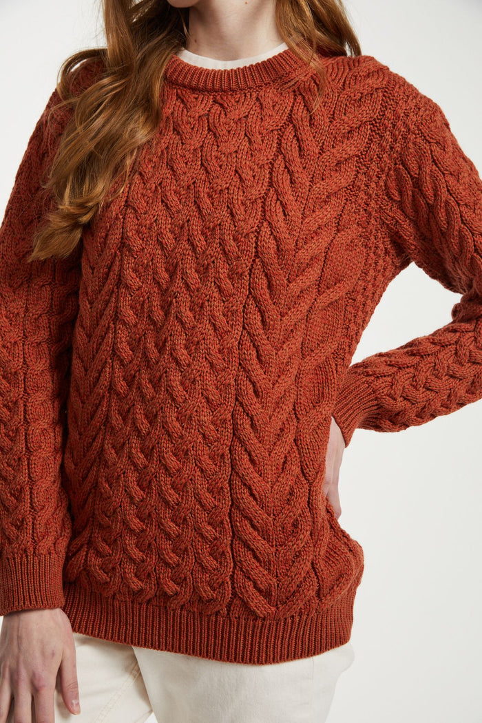 Omey Ladies Aran Crew Neck Sweater - Copper